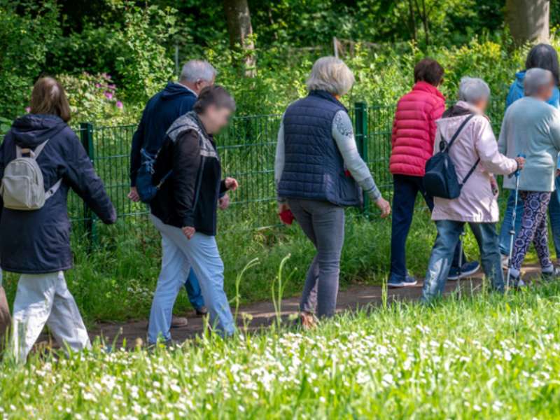 Mehrere Personen spazieren auf einem Pfad, umgeben von grüner Landschaft.