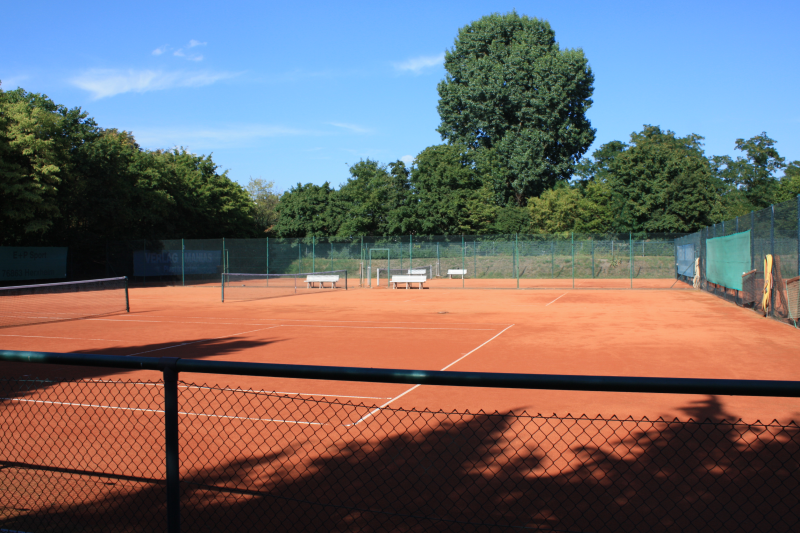Ein Tennisplatz mit einem Netz in der Mitte, umgeben von klaren Linien auf grünem Untergrund.